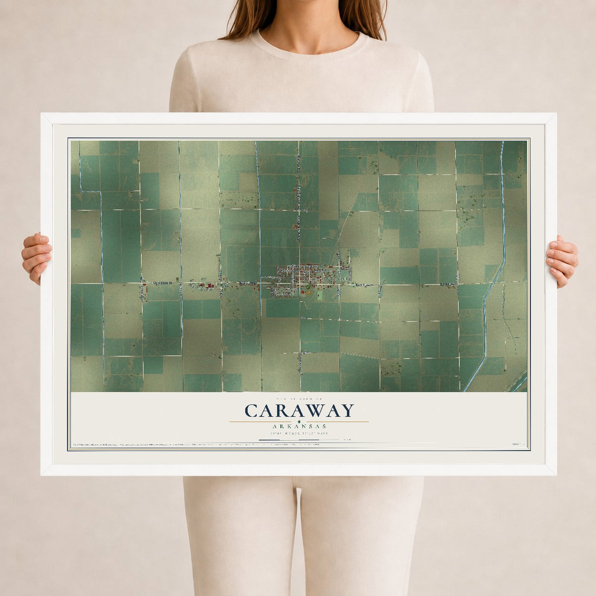 Map of Caraway, Arkansas, 24 x 36 inch print in a white wood frame