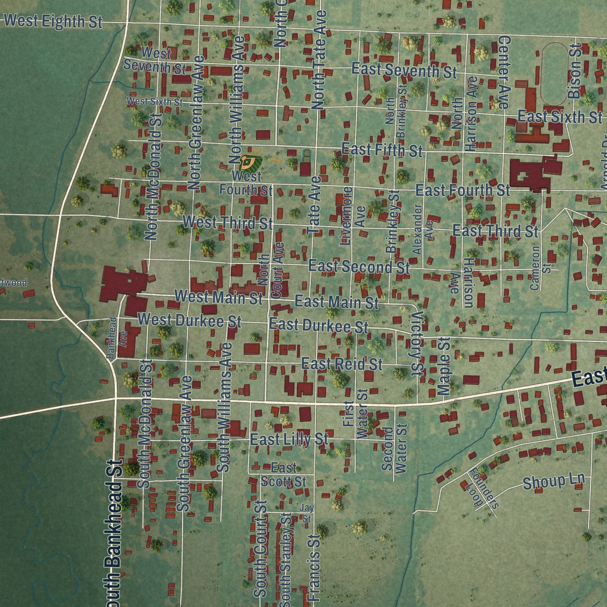 Close-up of the map of Carlisle, Arkansas print showing street and building detail