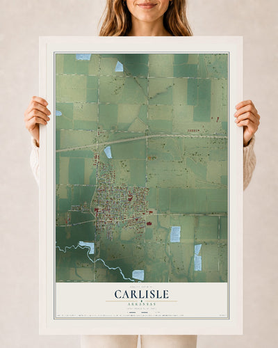 Map of Carlisle, Arkansas, 24 x 36 inch print in a white wood frame
