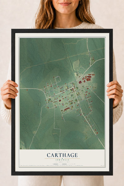Map of Carthage, Arkansas, 18 x 24 inch print in a black wood frame
