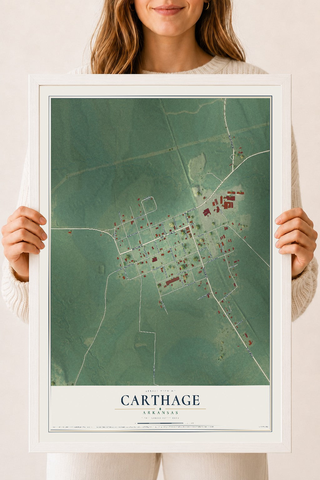 Map of Carthage, Arkansas, 18 x 24 inch print in a white wood frame