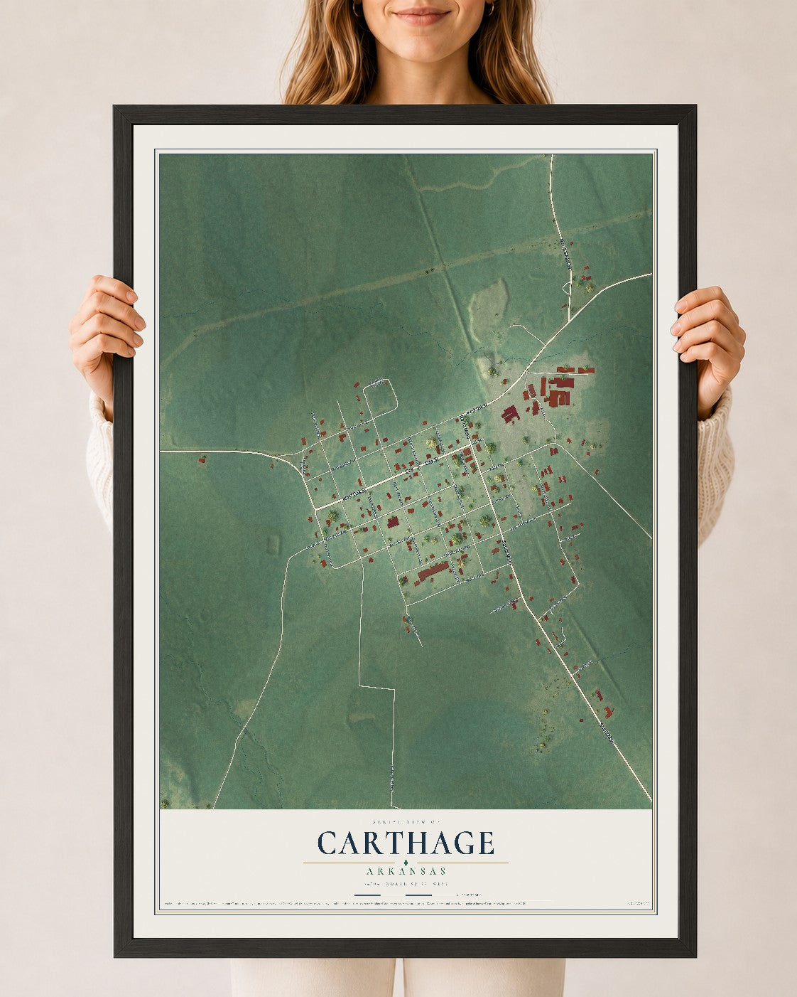 Map of Carthage, Arkansas, 24 x 36 inch print in a black wood frame