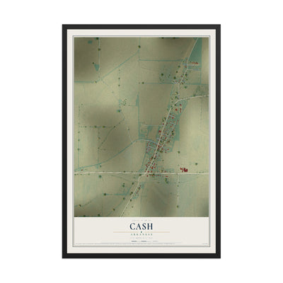 Map of Cash, Arkansas, 12 x 18 inch print in a black wood frame