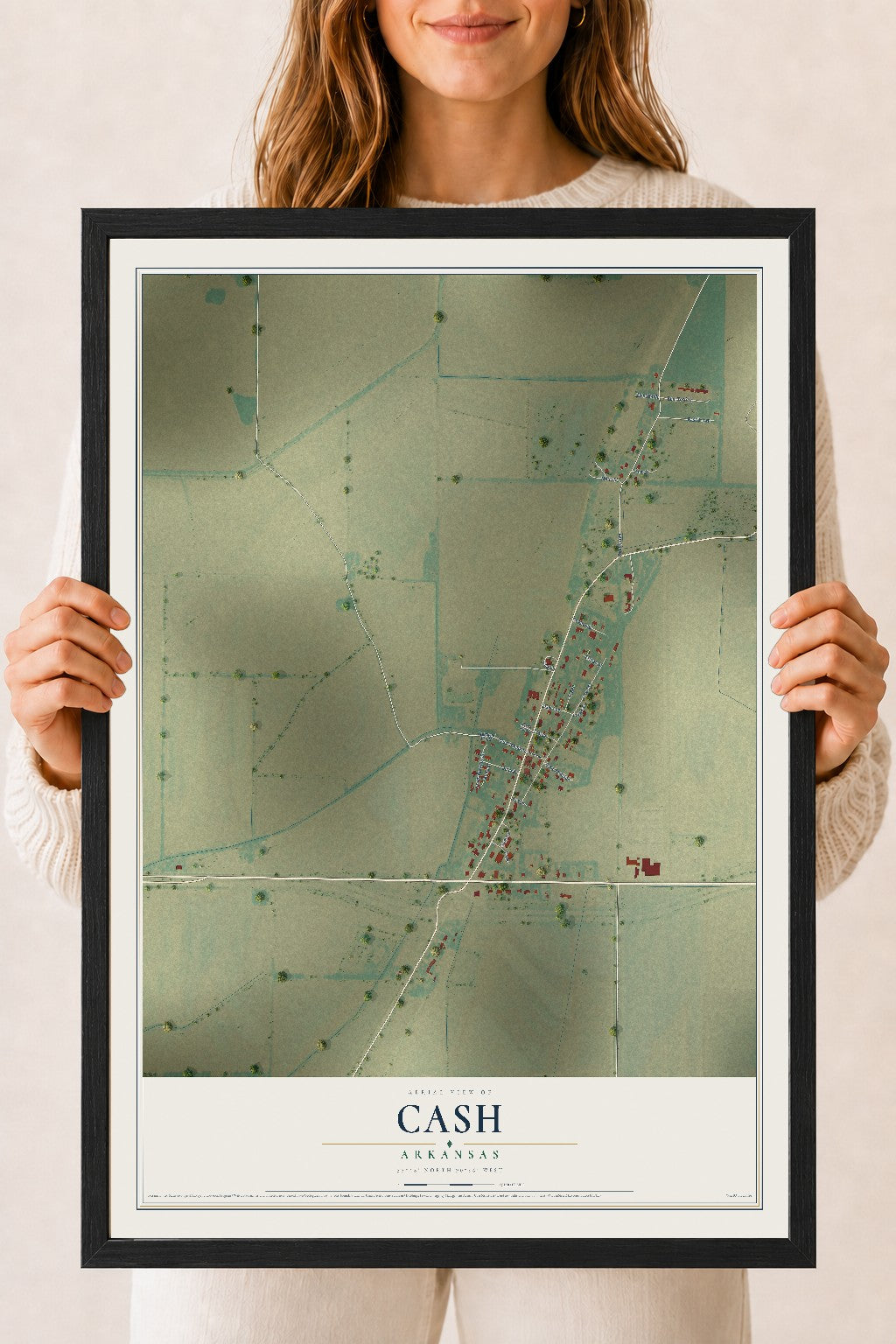 Map of Cash, Arkansas, 18 x 24 inch print in a black wood frame