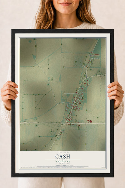 Map of Cash, Arkansas, 18 x 24 inch print in a black wood frame