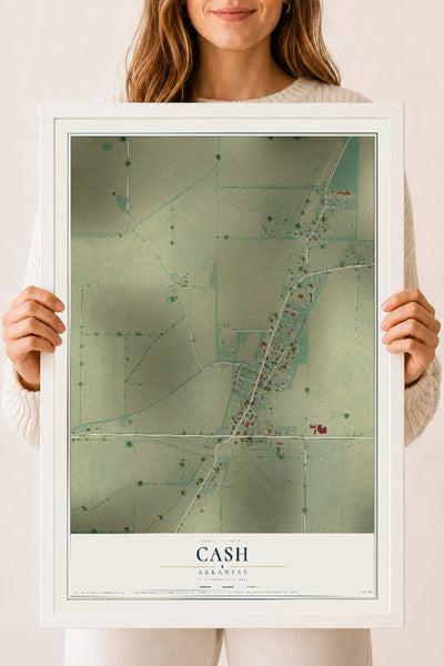 Map of Cash, Arkansas, 18 x 24 inch print in a white wood frame