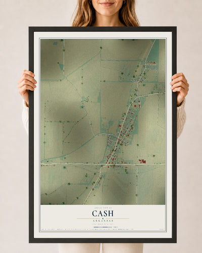 Map of Cash, Arkansas, 24 x 36 inch print in a black wood frame