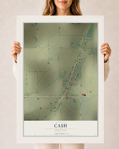 Map of Cash, Arkansas, 24 x 36 inch print in a white wood frame