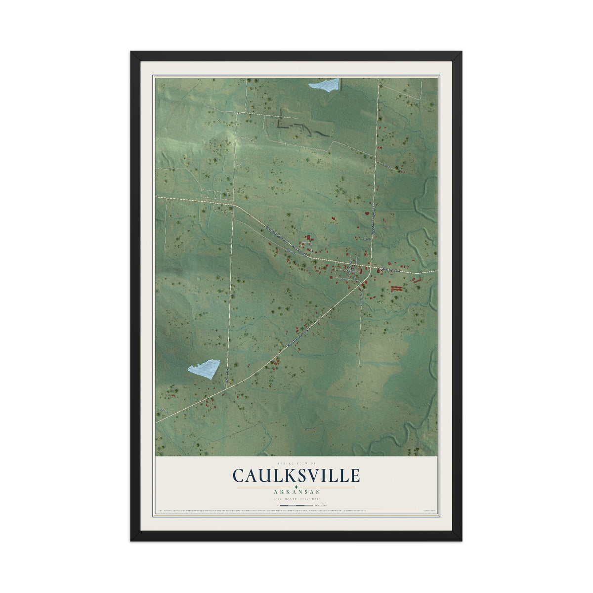 Map of Caulksville, Arkansas, 12 x 18 inch print in a black wood frame