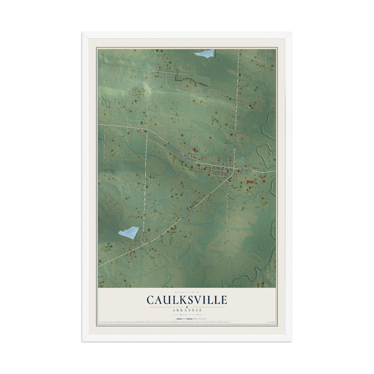 Map of Caulksville, Arkansas, 12 x 18 inch print in a white wood frame