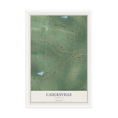 Map of Caulksville, Arkansas, 12 x 18 inch print in a white wood frame