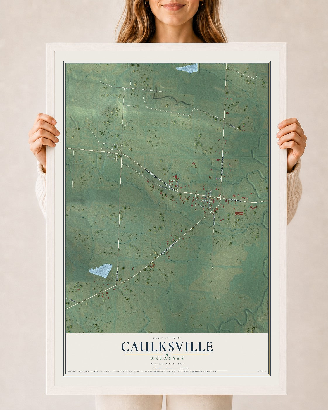 Map of Caulksville, Arkansas, 24 x 36 inch print in a white wood frame