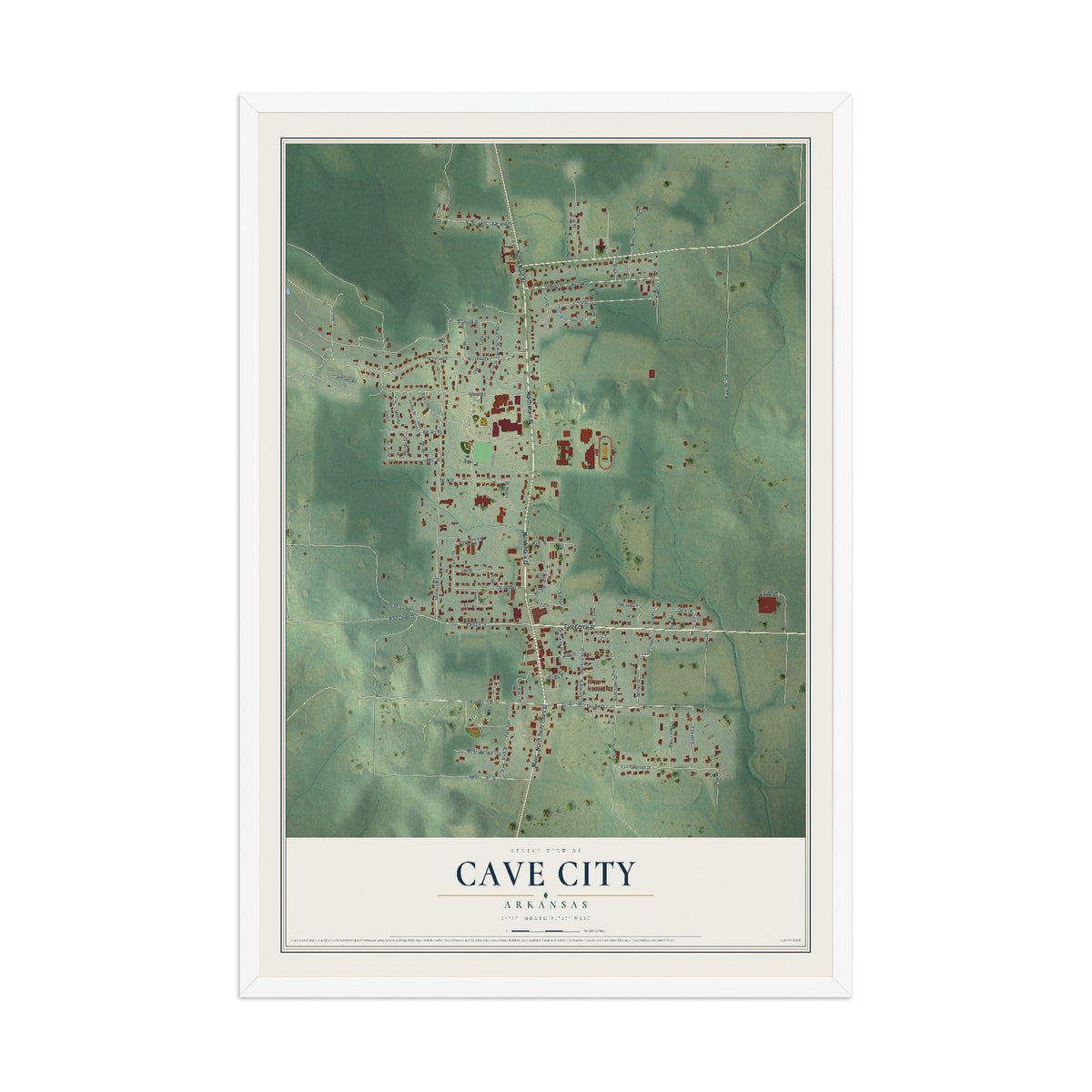 Map of Cave City, Arkansas, 12 x 18 inch print in a white wood frame