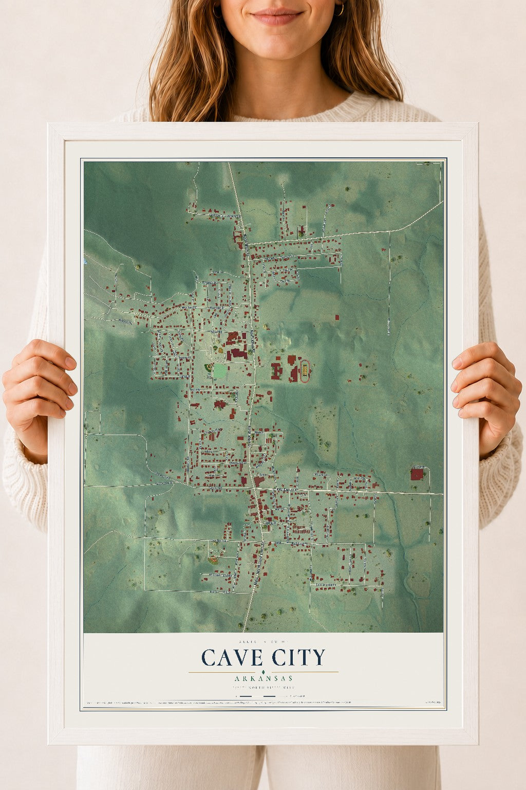 Map of Cave City, Arkansas, 18 x 24 inch print in a white wood frame