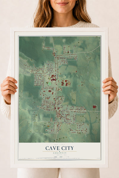 Map of Cave City, Arkansas, 18 x 24 inch print in a white wood frame