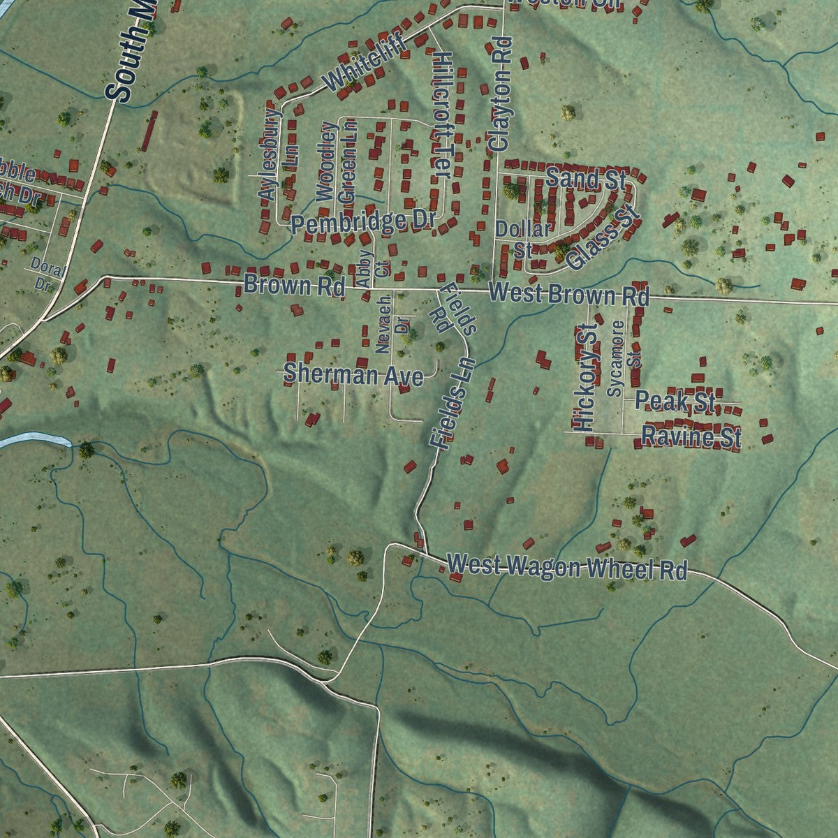 Second close-up of the map of Cave Springs, Arkansas print showing more streets and buildings