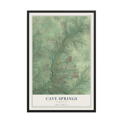 Map of Cave Springs, Arkansas, 12 x 18 inch print in a black wood frame