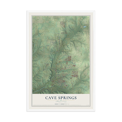 Map of Cave Springs, Arkansas, 12 x 18 inch print in a white wood frame