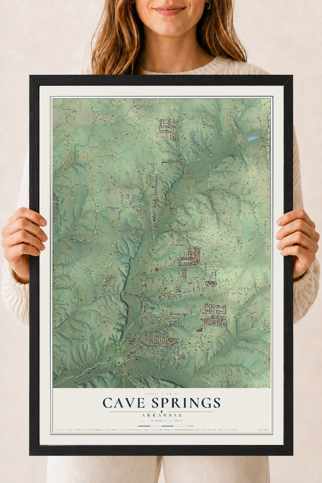 Map of Cave Springs, Arkansas, 18 x 24 inch print in a black wood frame