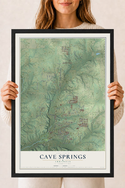 Map of Cave Springs, Arkansas, 18 x 24 inch print in a black wood frame