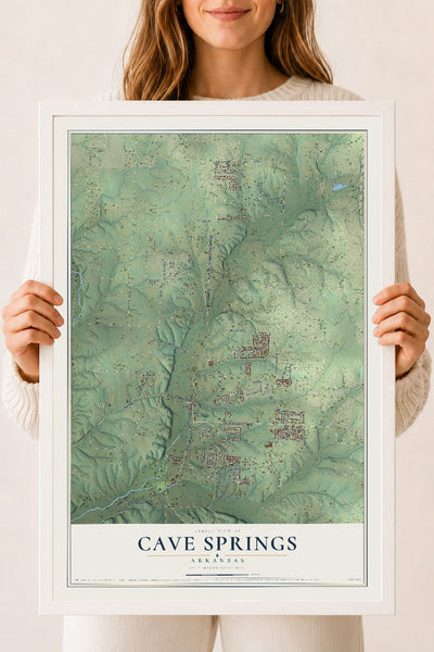Map of Cave Springs, Arkansas, 18 x 24 inch print in a white wood frame