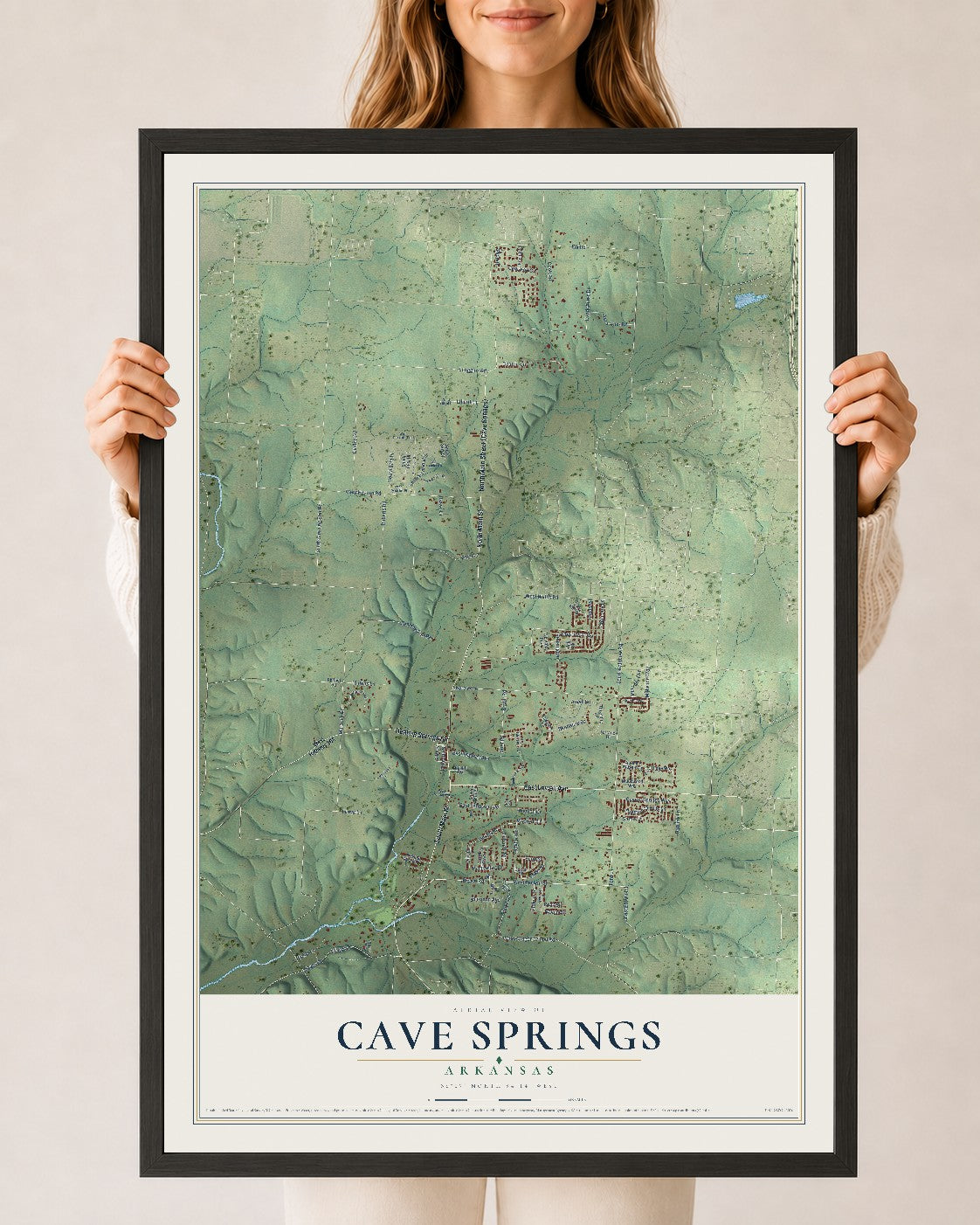 Map of Cave Springs, Arkansas, 24 x 36 inch print in a black wood frame