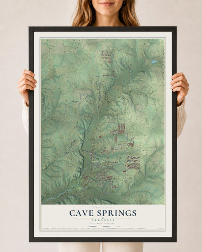 Map of Cave Springs, Arkansas, 24 x 36 inch print in a black wood frame