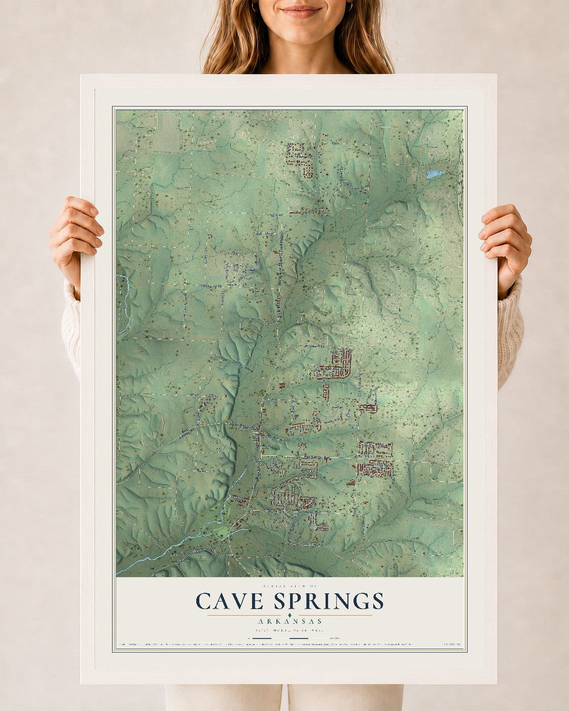 Map of Cave Springs, Arkansas, 24 x 36 inch print in a white wood frame