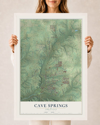 Map of Cave Springs, Arkansas, 24 x 36 inch print in a white wood frame