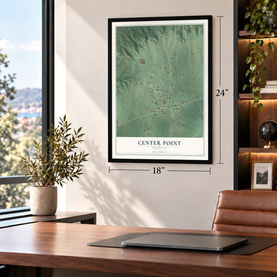 Center Point, Arkansas map, 18 x 24 inch print in a black frame in a home office
