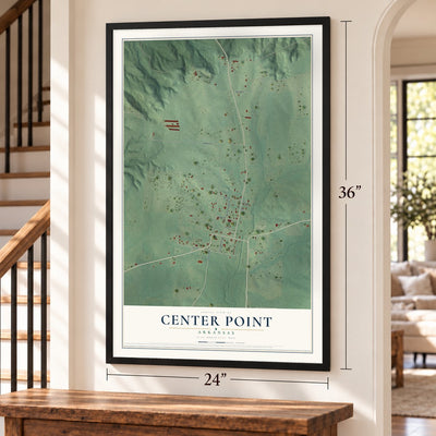 Center Point, Arkansas map, 24 x 36 inch print in a black frame by a staircase