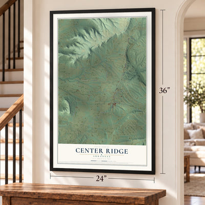 Center Ridge, Arkansas map, 24 x 36 inch print in a black frame by a staircase