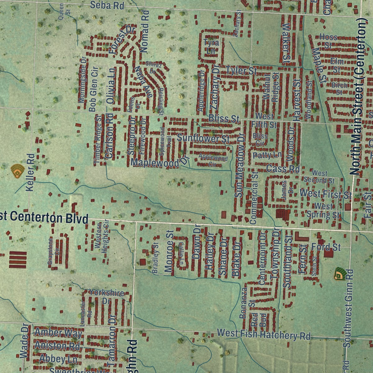Close-up of the map of Centerton, Arkansas print showing street and building detail