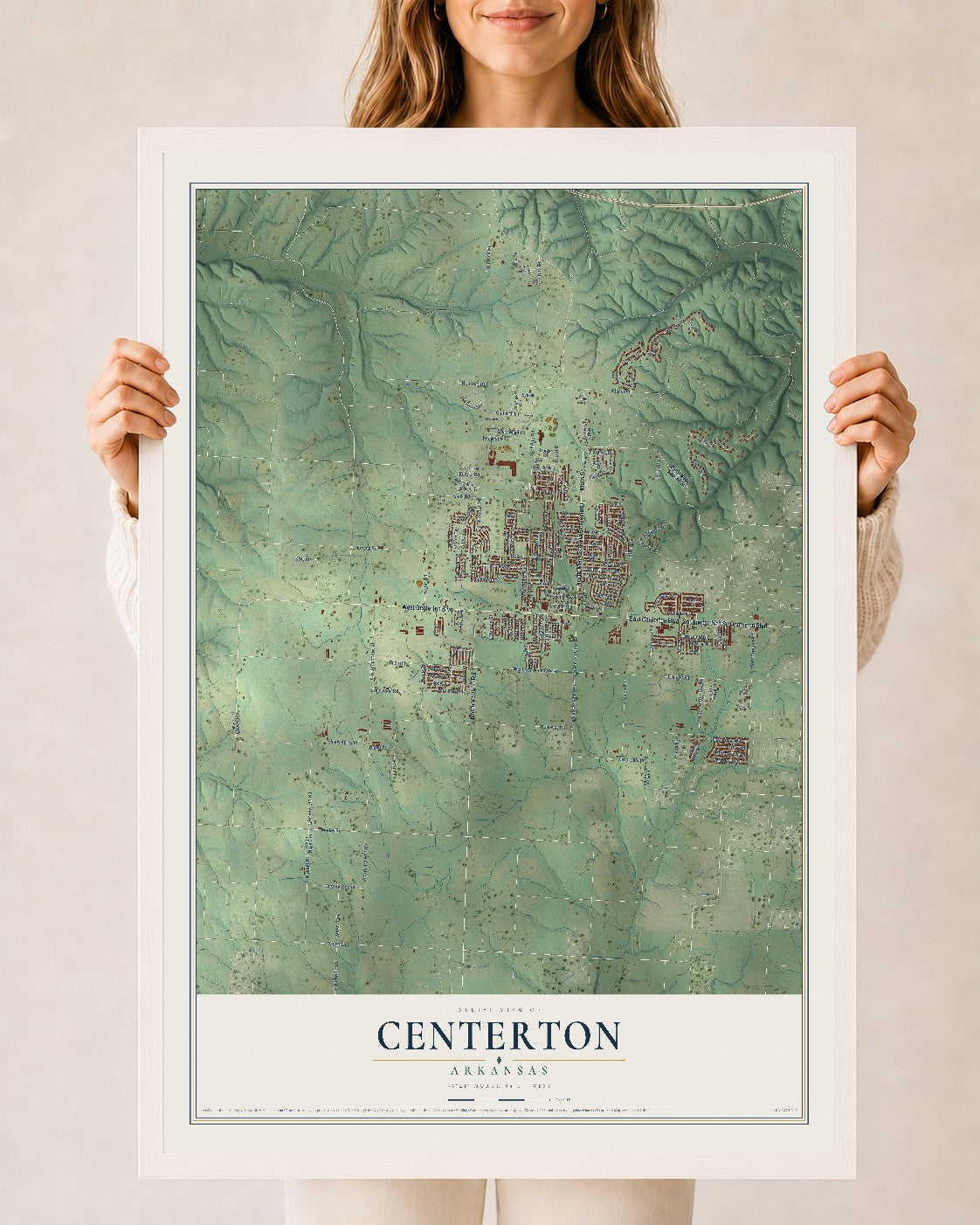 Map of Centerton, Arkansas, 24 x 36 inch print in a white wood frame