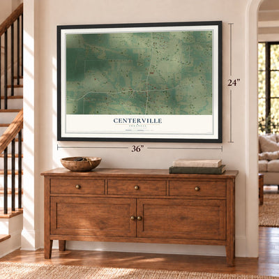 Centerville, Arkansas map, 24 x 36 inch print in a black frame above a dresser by a staircase