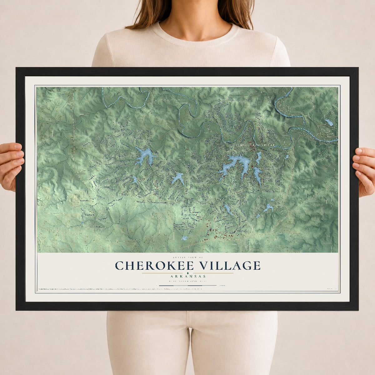 Map of Cherokee Village, Arkansas, 18 x 24 inch print in a black wood frame