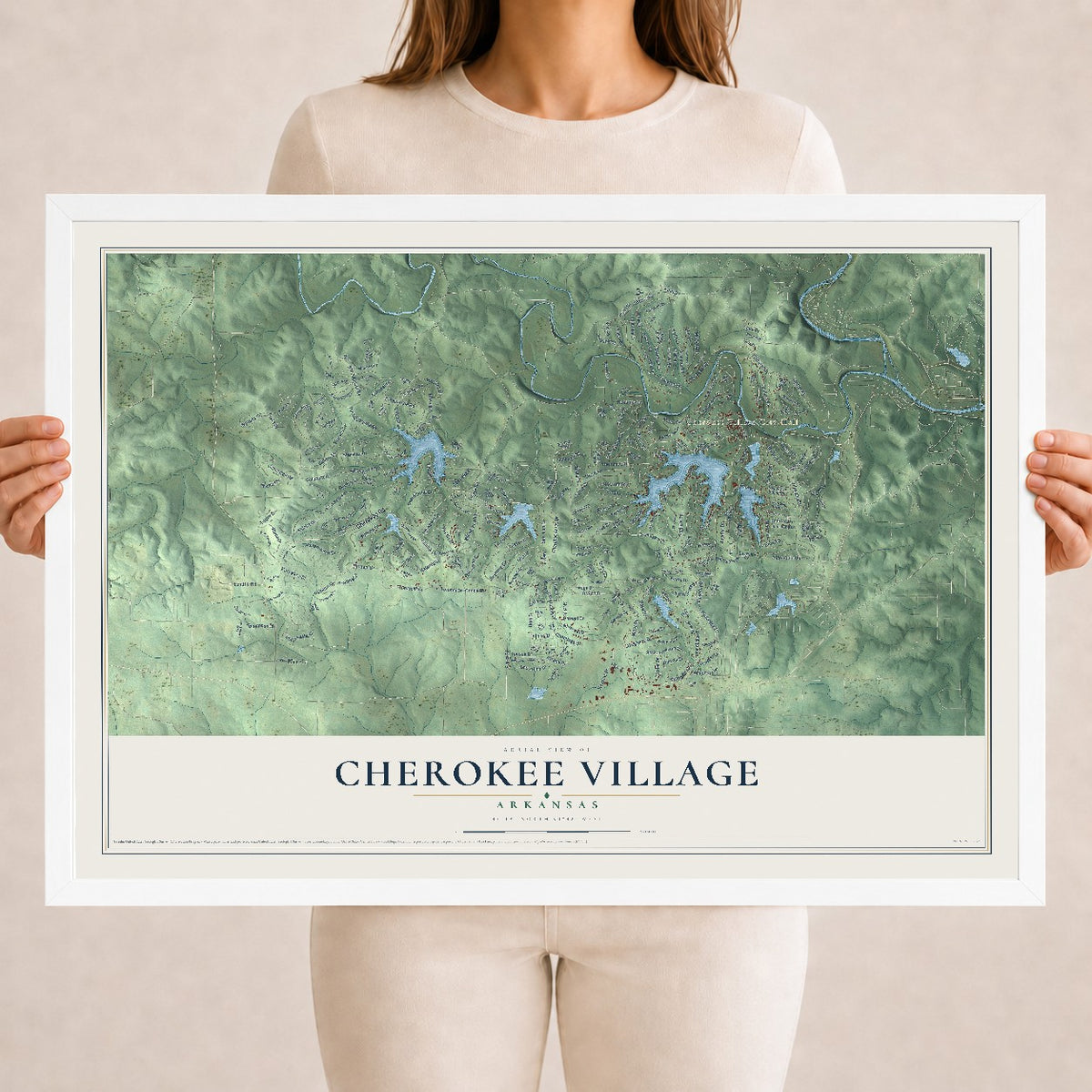 Map of Cherokee Village, Arkansas, 18 x 24 inch print in a white wood frame