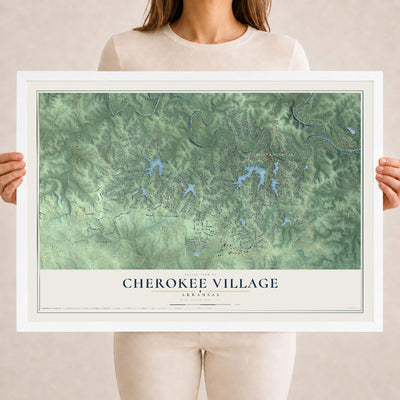 Map of Cherokee Village, Arkansas, 18 x 24 inch print in a white wood frame
