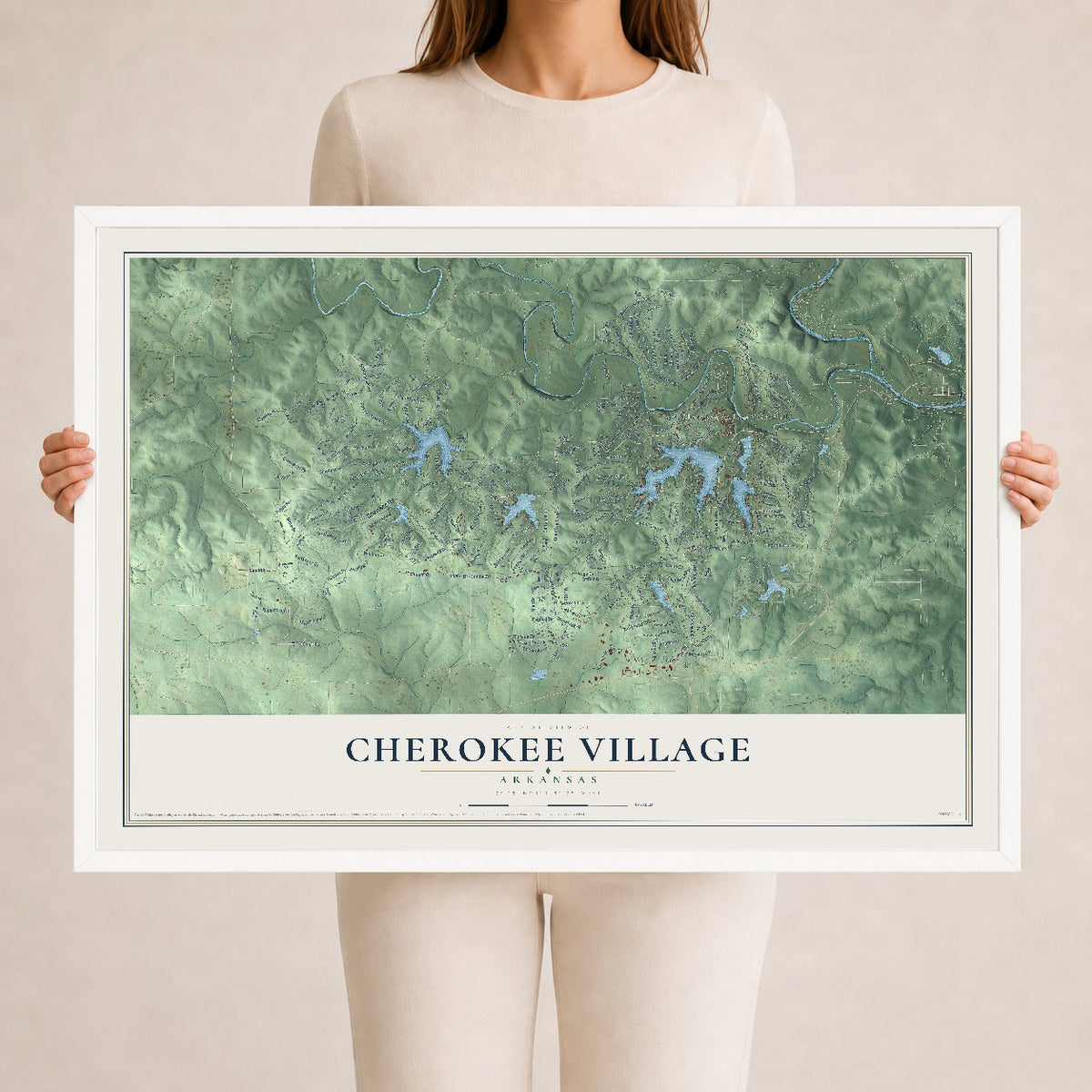 Map of Cherokee Village, Arkansas, 24 x 36 inch print in a white wood frame