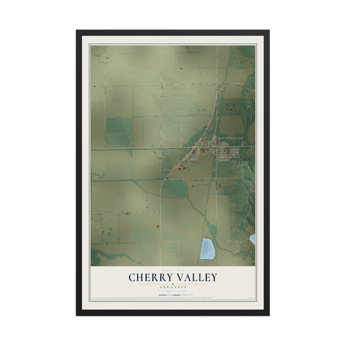 Map of Cherry Valley, Arkansas, 12 x 18 inch print in a black wood frame
