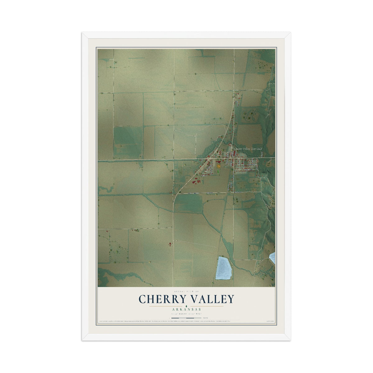 Map of Cherry Valley, Arkansas, 12 x 18 inch print in a white wood frame