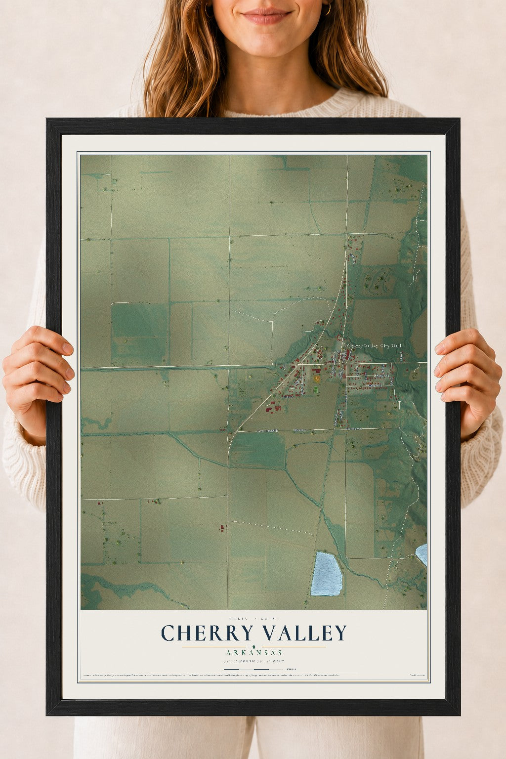 Map of Cherry Valley, Arkansas, 18 x 24 inch print in a black wood frame