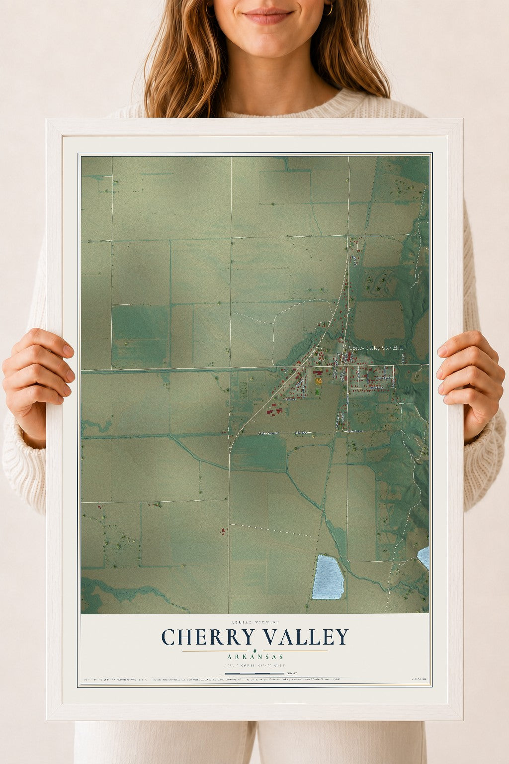 Map of Cherry Valley, Arkansas, 18 x 24 inch print in a white wood frame