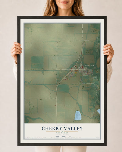 Map of Cherry Valley, Arkansas, 24 x 36 inch print in a black wood frame