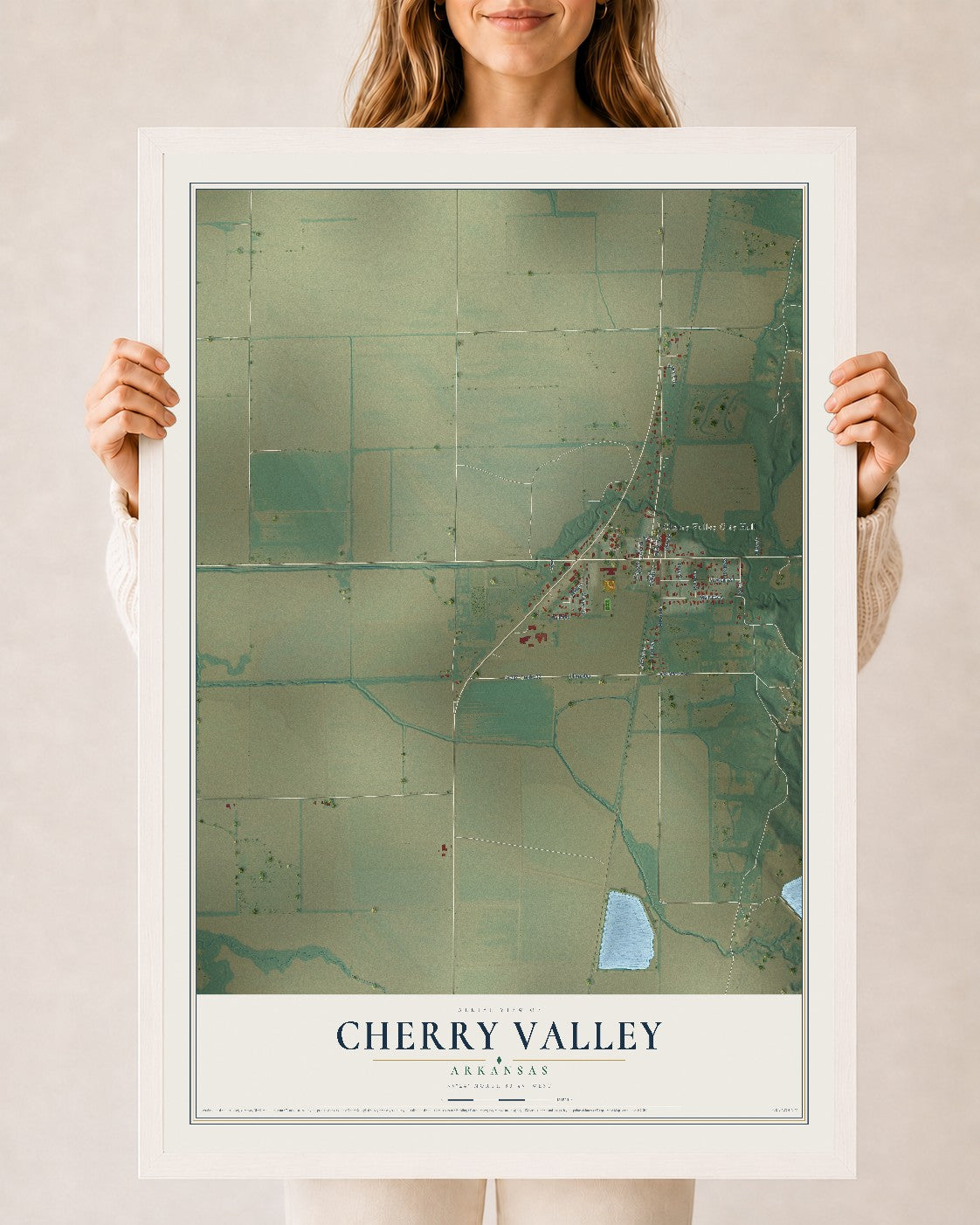 Map of Cherry Valley, Arkansas, 24 x 36 inch print in a white wood frame