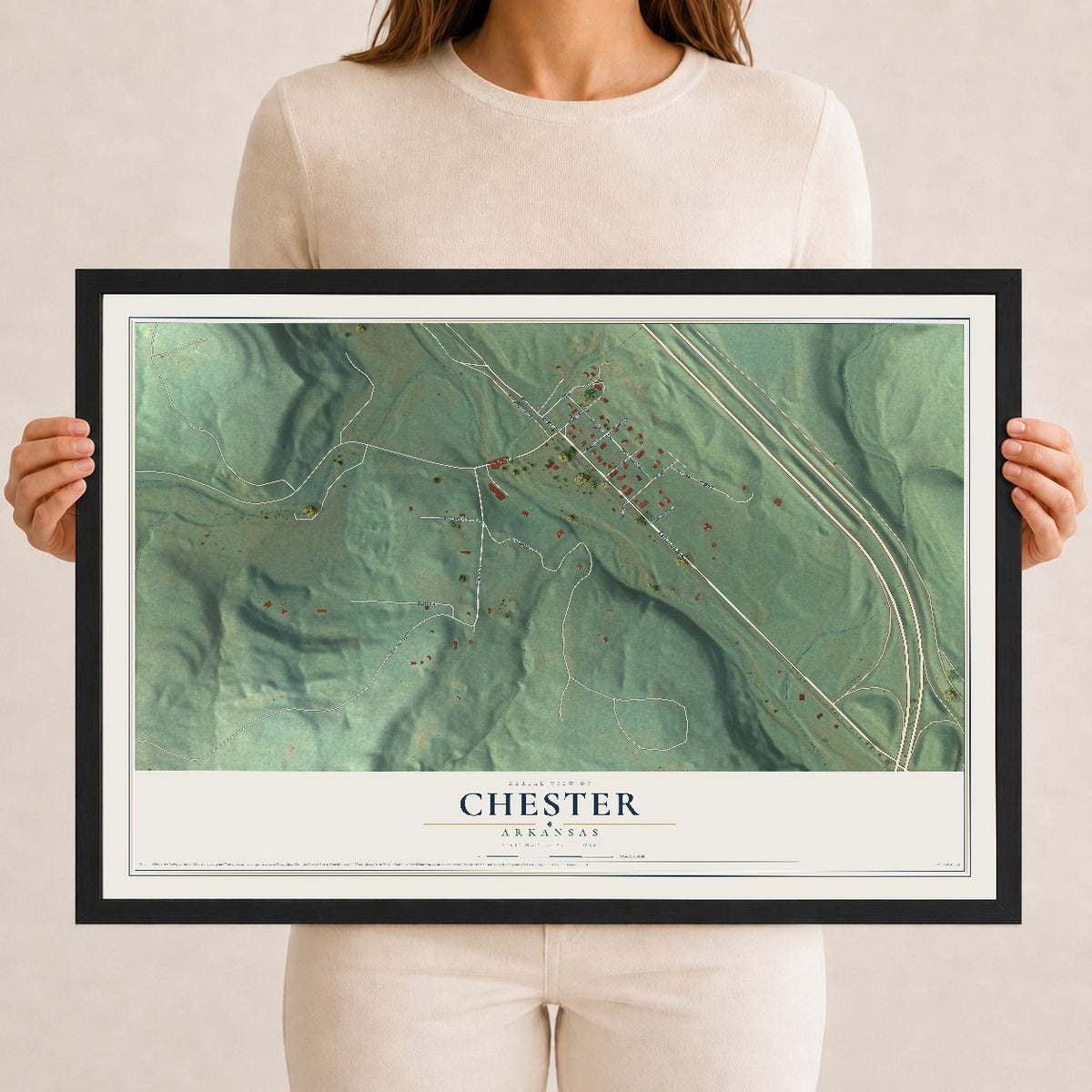 Map of Chester, Arkansas, 12 x 18 inch print in a black wood frame