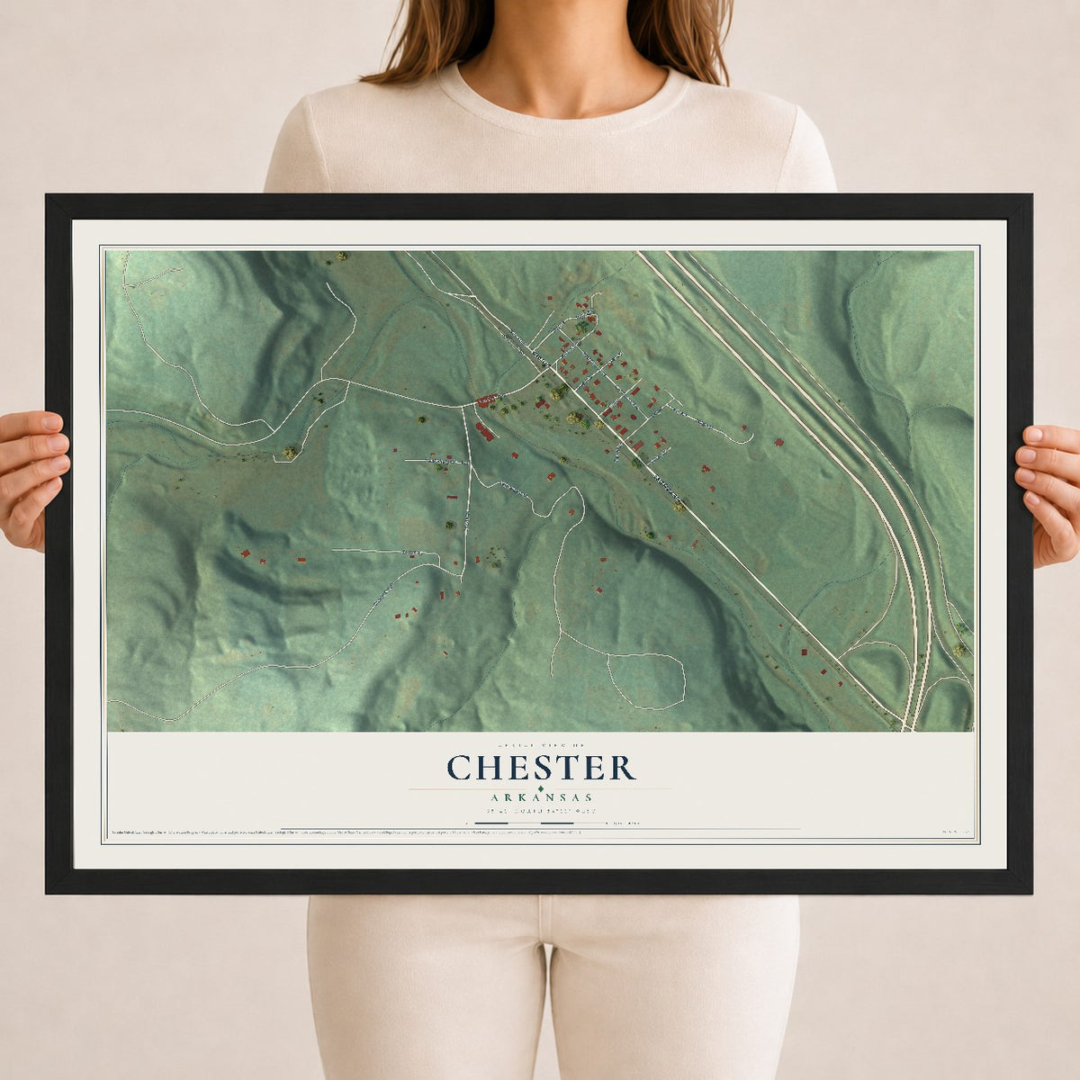 Map of Chester, Arkansas, 18 x 24 inch print in a black wood frame