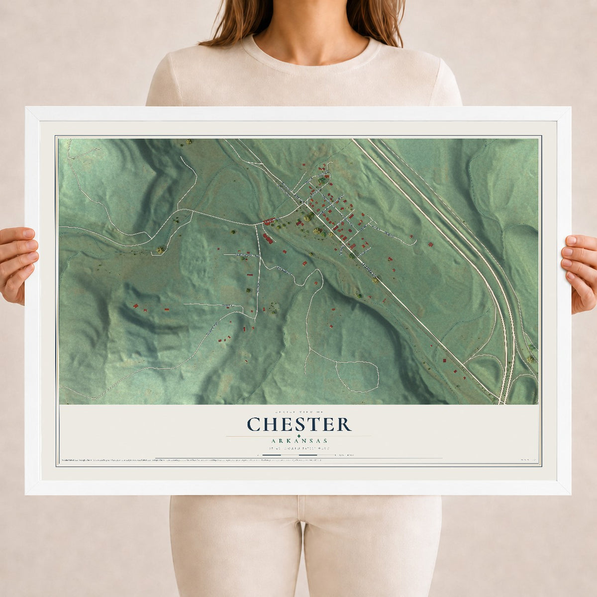Map of Chester, Arkansas, 18 x 24 inch print in a white wood frame