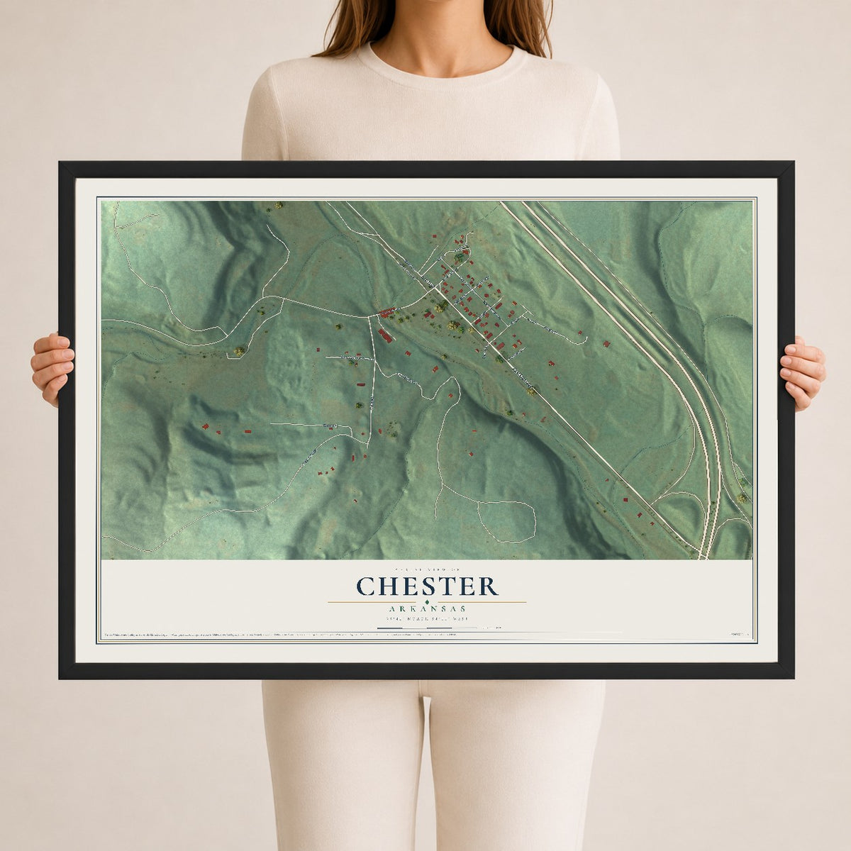Map of Chester, Arkansas, 24 x 36 inch print in a black wood frame