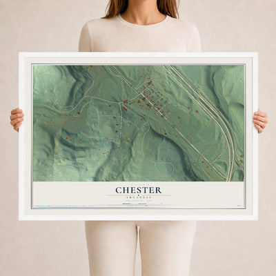 Map of Chester, Arkansas, 24 x 36 inch print in a white wood frame